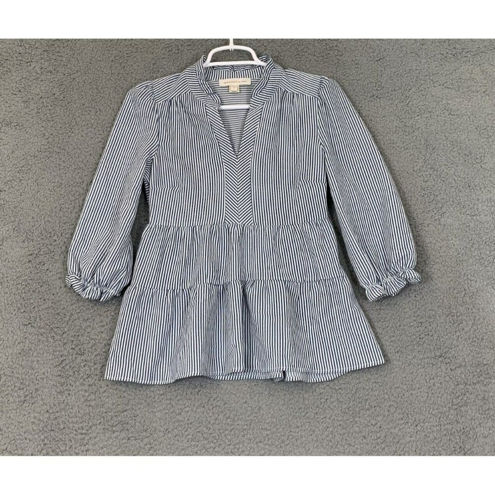 Monteau Women's Blue Striped Blouse S Long Sleeve Slot Collar Tiered Hem